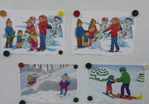 zdjęcie tablicy tematycznej przedstawiającej zabawy na śniegu