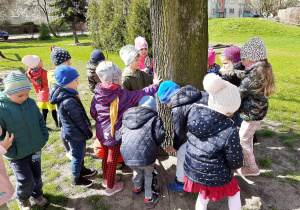 Dzieci obserwują drzewa przy użyciu lupy.