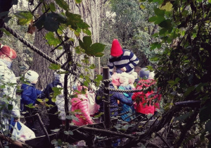Dzieci idą ścieżką w głąb lasu