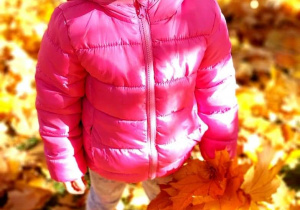 Dziewczynka stoi w jesiennych liściach