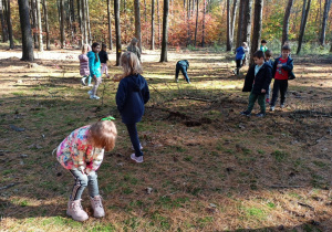 Dzieci w lesie podczas szukania skarbów jesieni.