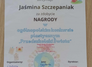 Nagroda w Ogólnopolskim konkursie dla Jaśminy Szczepaniak Grupa VII