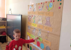 Chłopiec rozwiązuje zagadką oraz wskazuje obrazek na tablicy.