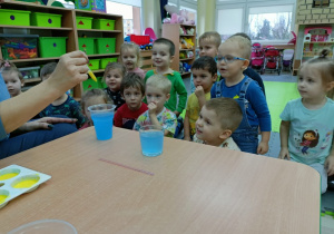 Dzieci z zaciekawieniem obserwują zabarwianie niebieskiej wody żółtą farbą przez nauczycielkę.