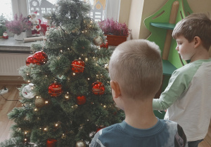 Chłopcy przywieszają ostatnie bombki na świątecznym drzewku.