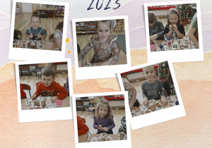 Kolaż zdjęć przedszkolaków podczas dekorowania i jedzenia pierniczków.