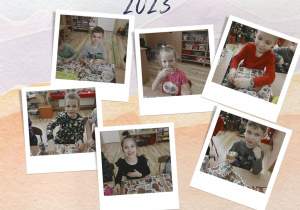 Kolaż zdjęć przedszkolaków podczas dekorowania i jedzenia pierniczków.